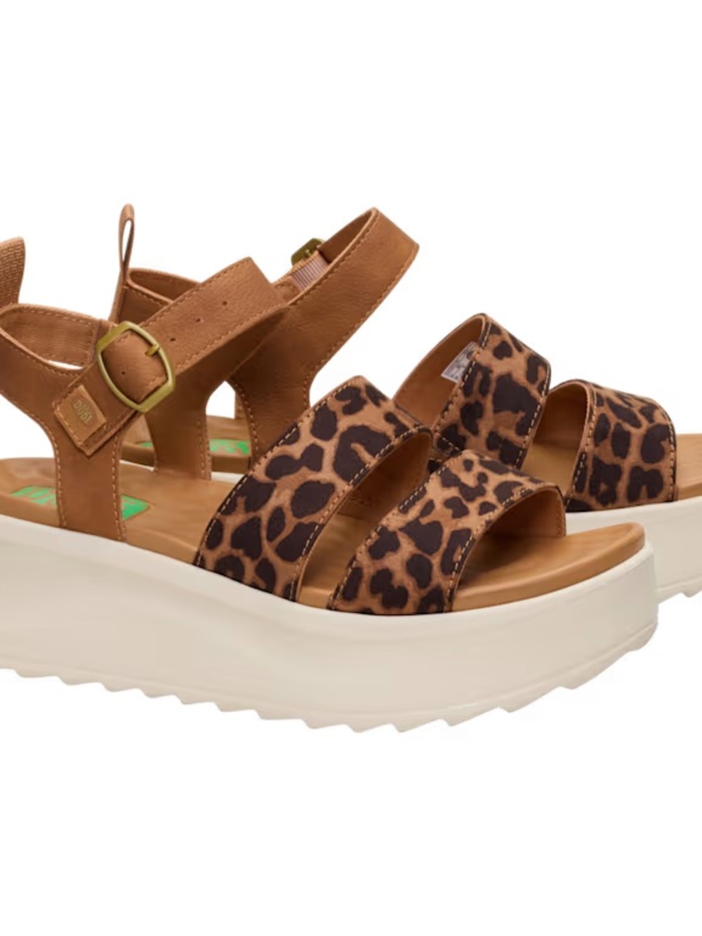 Hey Dude Delray Buckle Classic Leopard Print Platform Sandals in Brown and Cream